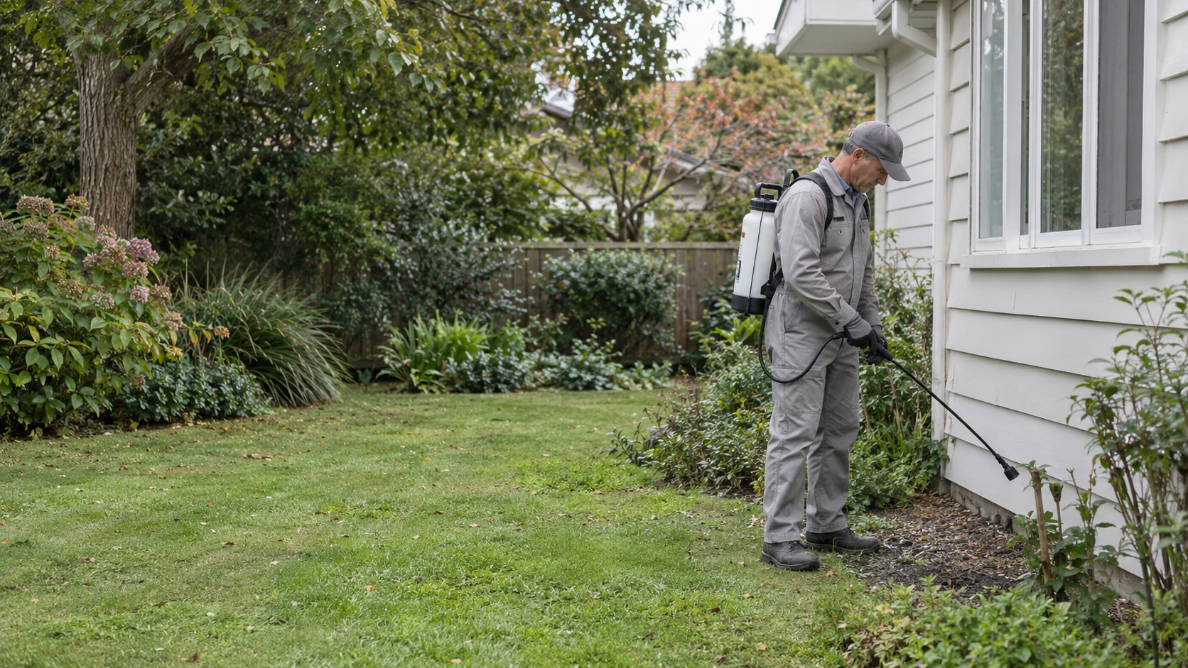 A pest technician beside a home in a natural garden under soft daylight