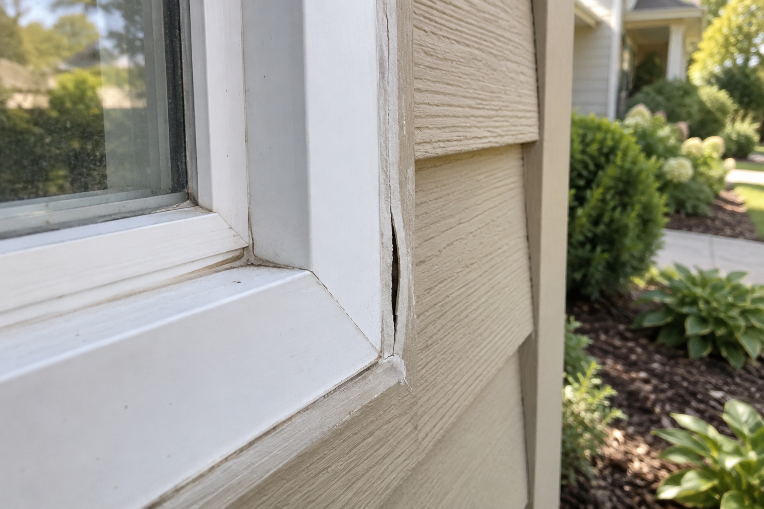A split in exterior caulk leaves a small gap between window trim and house siding.