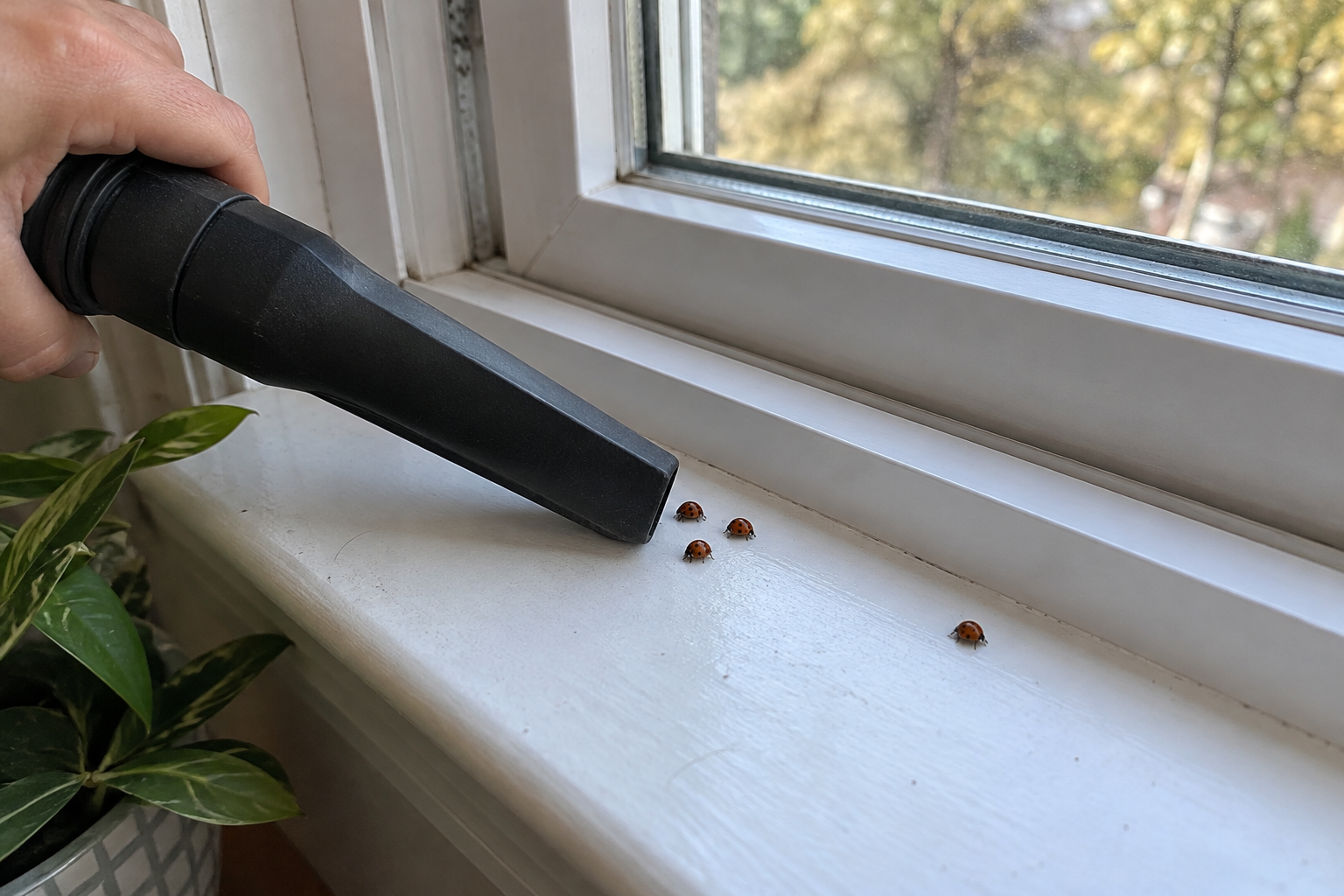 A vacuum hose approaching a few small Asian lady beetles on an indoor window sill.