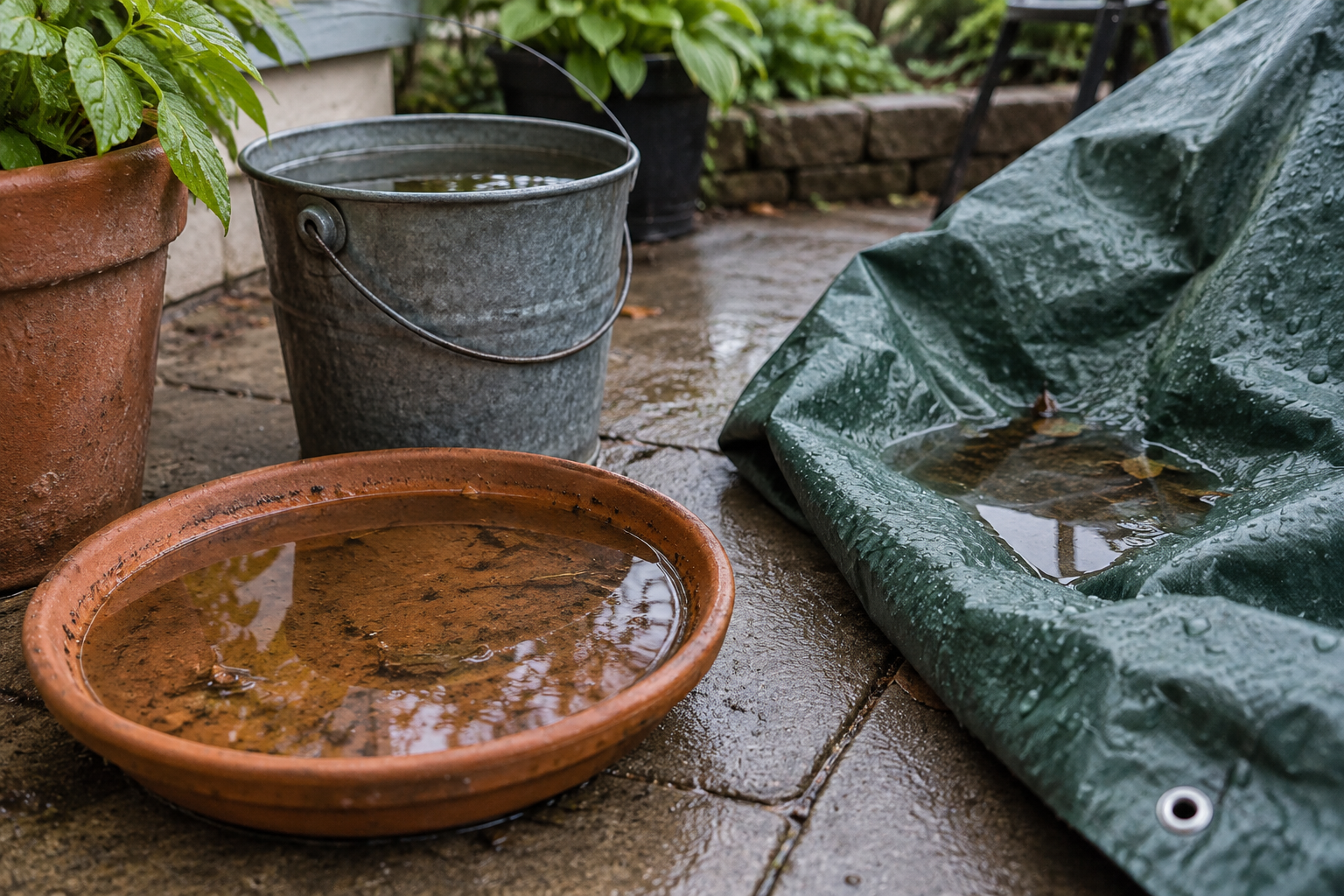 Rainwater collected in a plant saucer, a garden bucket, and a folded tarp on a patio.