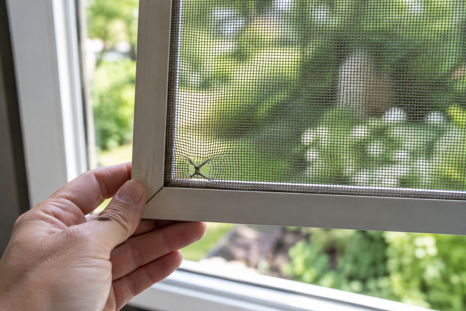 A hand holding a window screen frame beside a small tear in the mesh.