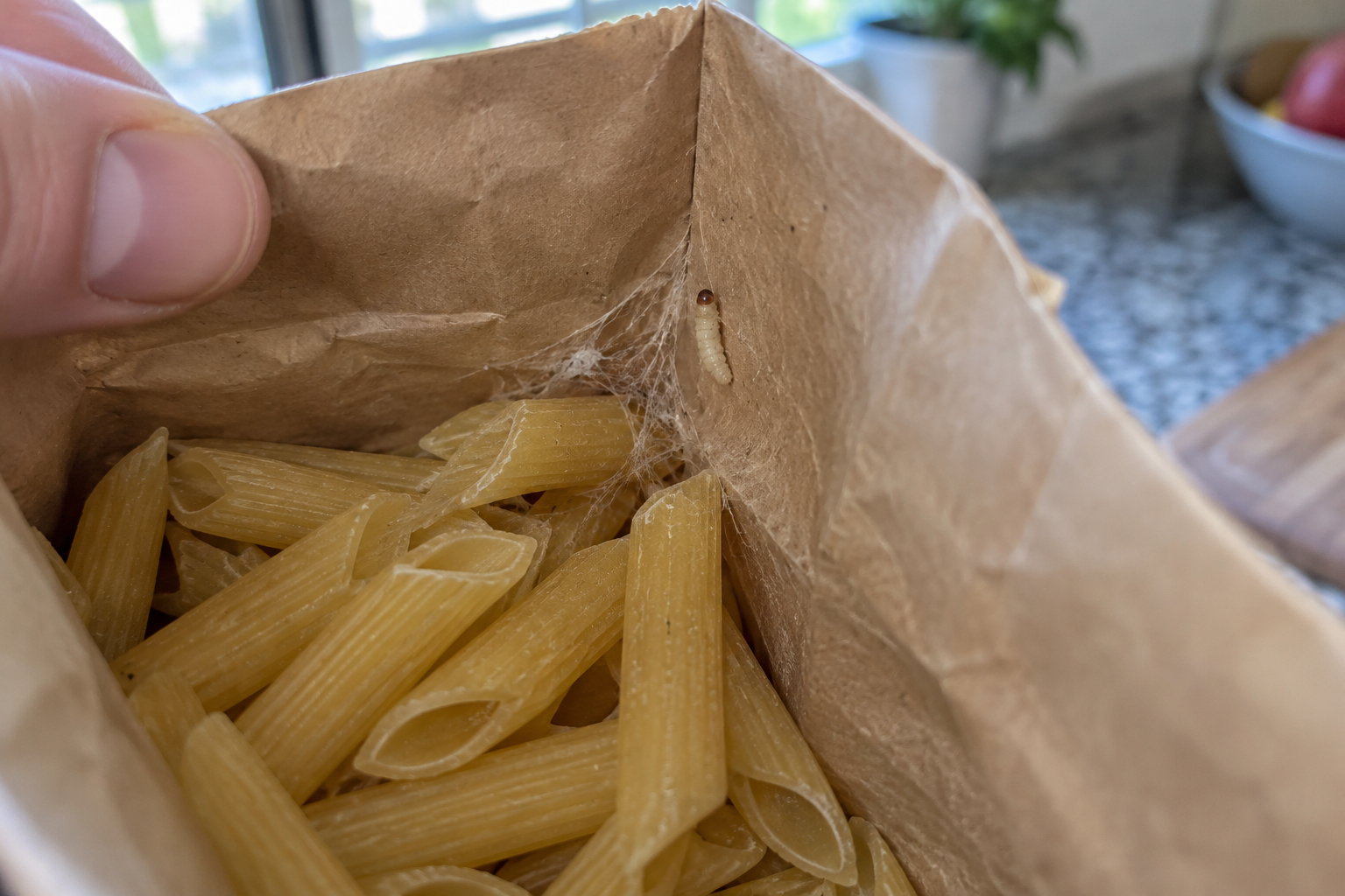 Fine silk webbing and one small cream-colored larva beside the folded seam of an opened dry-pasta bag.